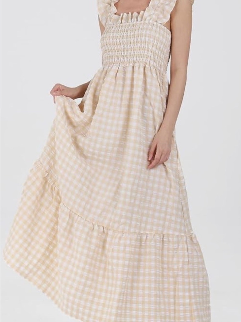 Amazon Cream and White Gingham Smocked Maxi Dress
